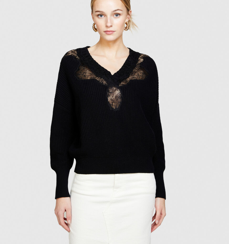 Sweater with lace - women's v-neck sweaters - Black | Sisley image number 4